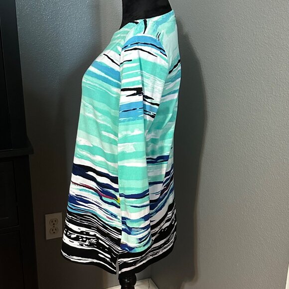 Rafaella Blouse L Abstract Green Blue 3/4 Sleeve Casual Coastal Beachy Chic NWT - Picture 3 of 8